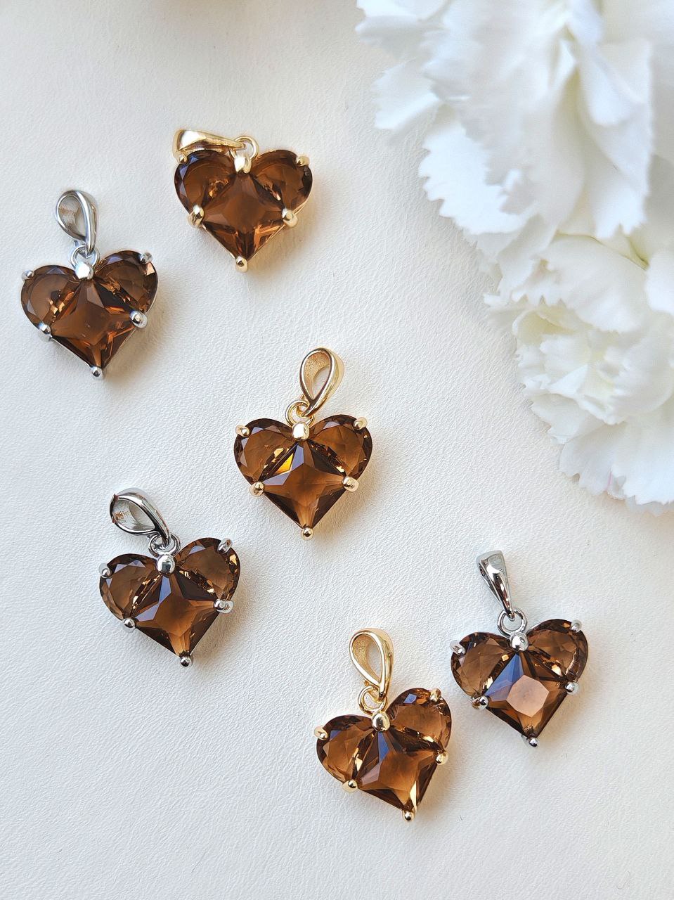 10175-шр Подвеска с бейлом "Сердце", фианиты, 12*14мм, шоколадный, родий