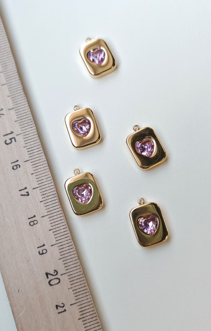 939-р Кулон с сердечком 16*10мм, нерж. сталь с позолотой, розовый циркон