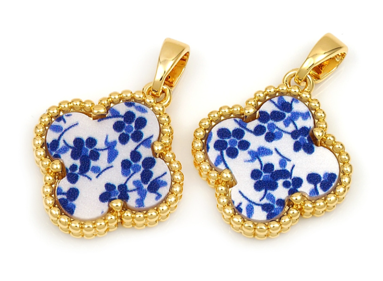 273075-з Подвеска "Клевер гжель" 18мм, позолота