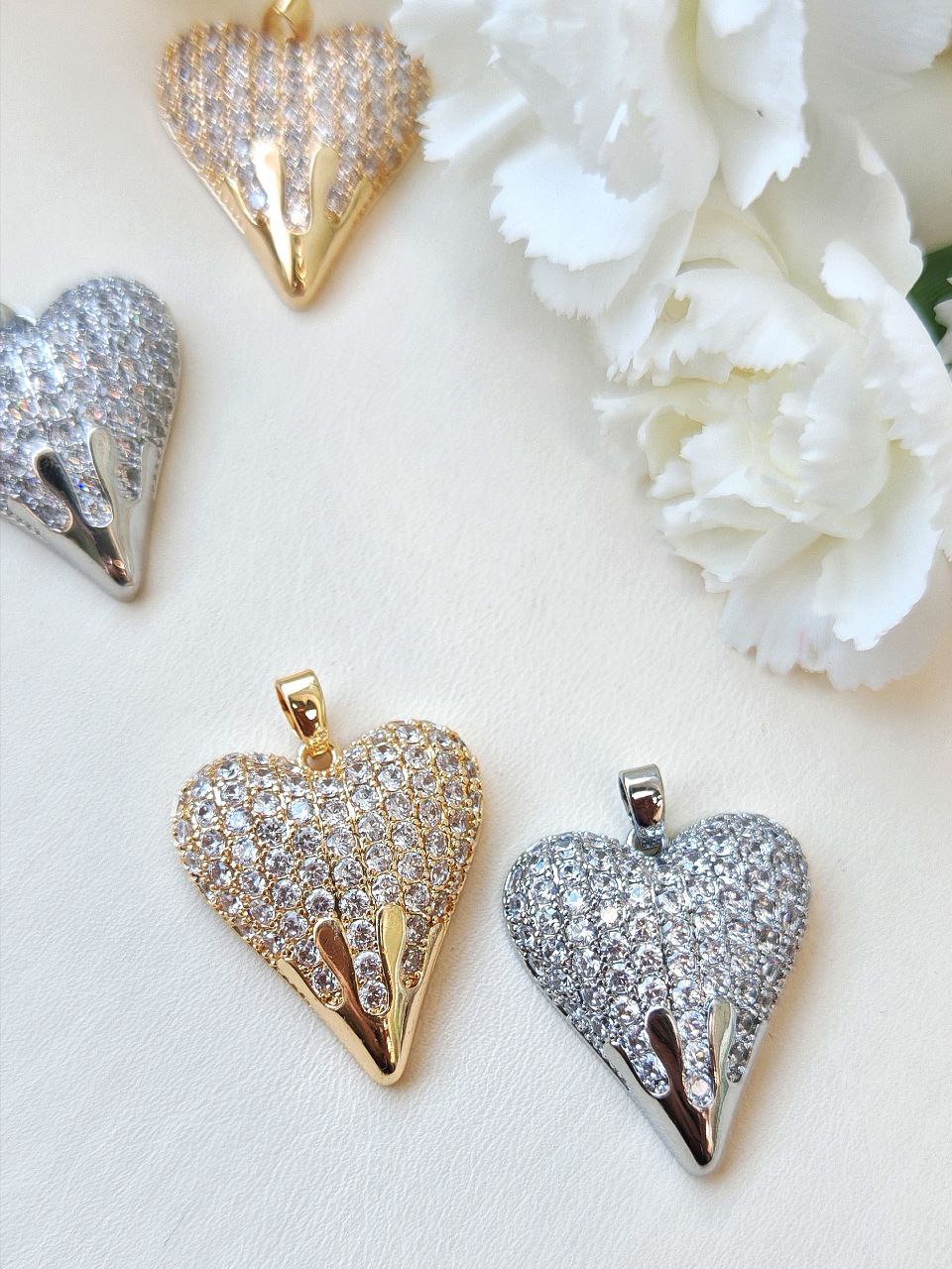 363-р Подвеска "Сердце" с фианитами и подтеками 27*21мм, родий