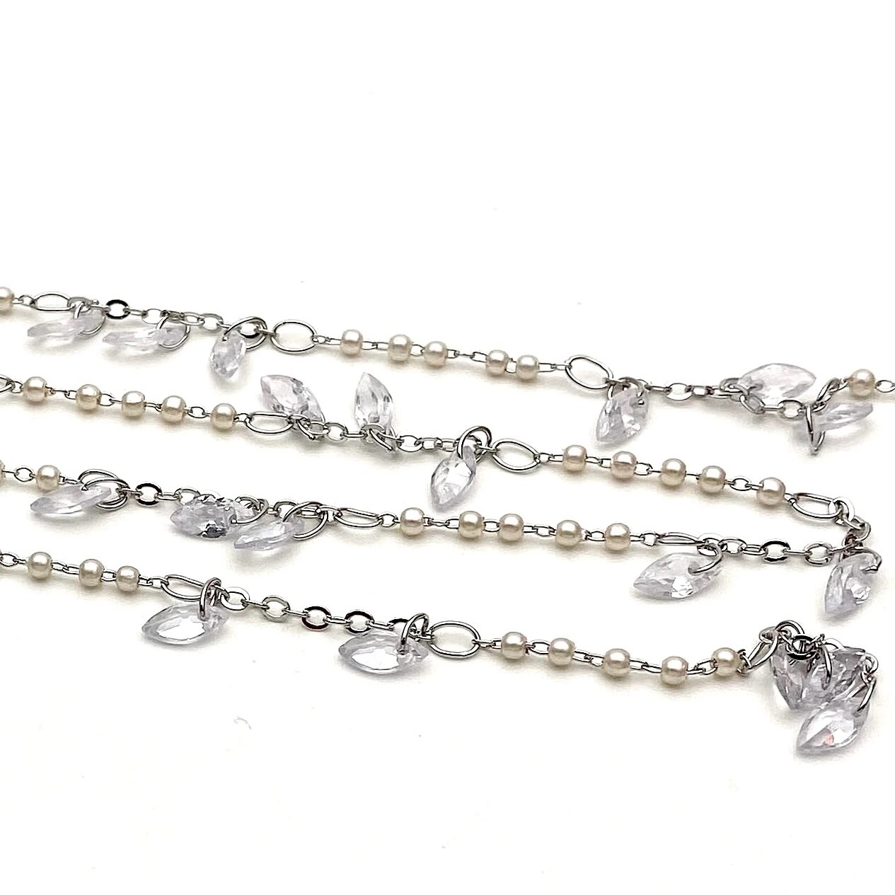 0344-р Цепь с жемчужинками и хрустальными каплями 1,7*5,8мм, родий